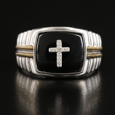 Sterling Diamond and Black Onyx Cross Ring with 14K Accents