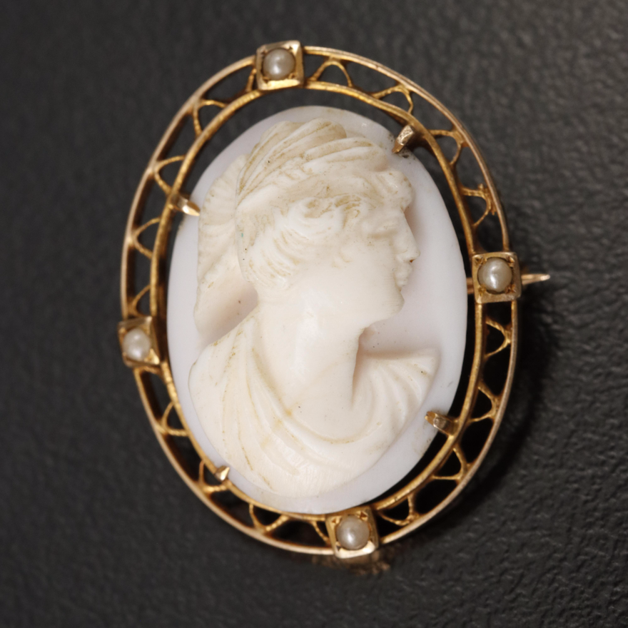 Vintage 10K Shell and Seed Pearl Cameo Brooch