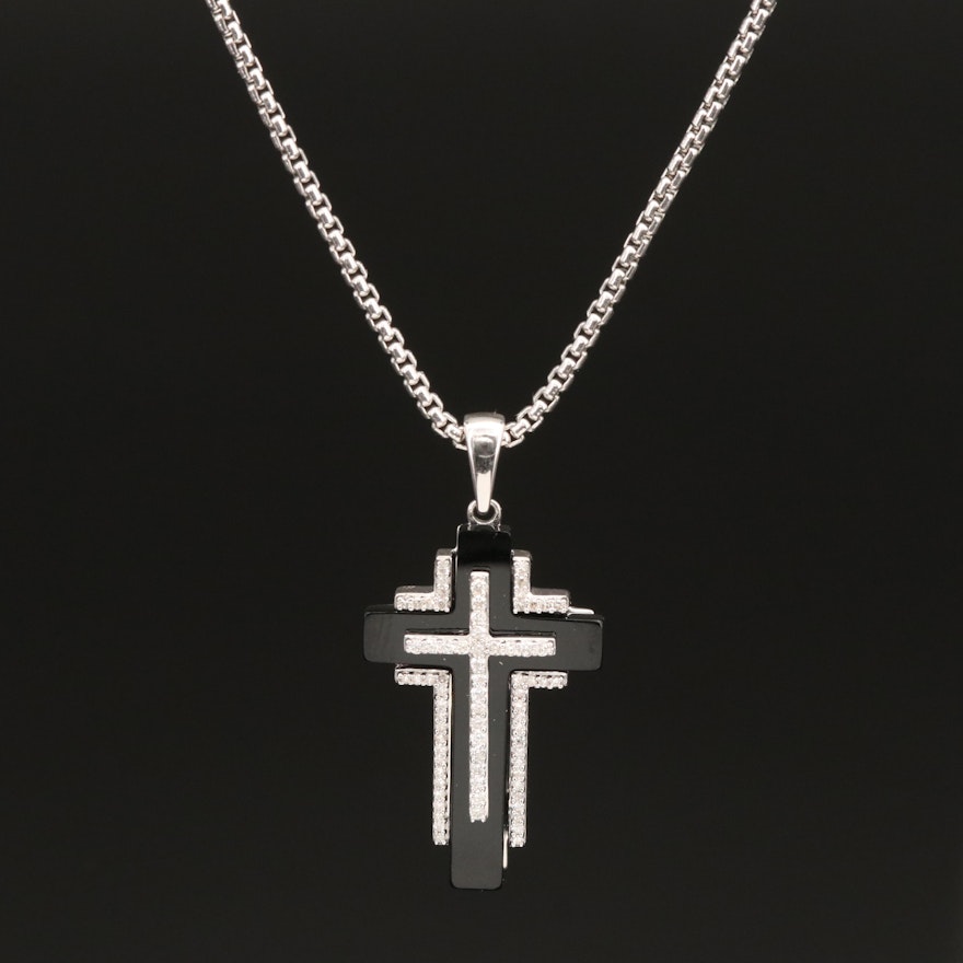 Sterling Diamond and Black Onyx Cross Pendant Necklace