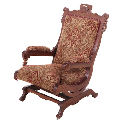 Victorian Eastlake Style Walnut Upholstered Platform Rocking Chair, Late 19th C.