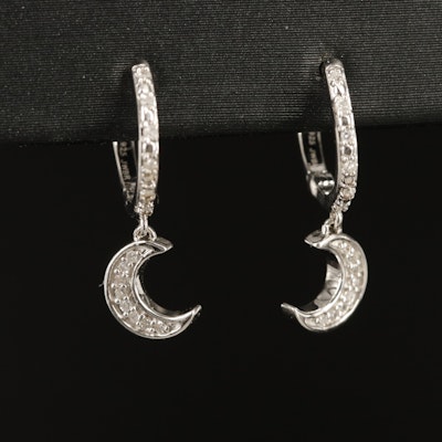 Sterling Diamond Huggie Earrings with Moon Charm