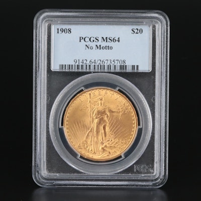 PCGS Graded MS64 1908 "No Motto" Saint-Gaudens $20 Gold Coin
