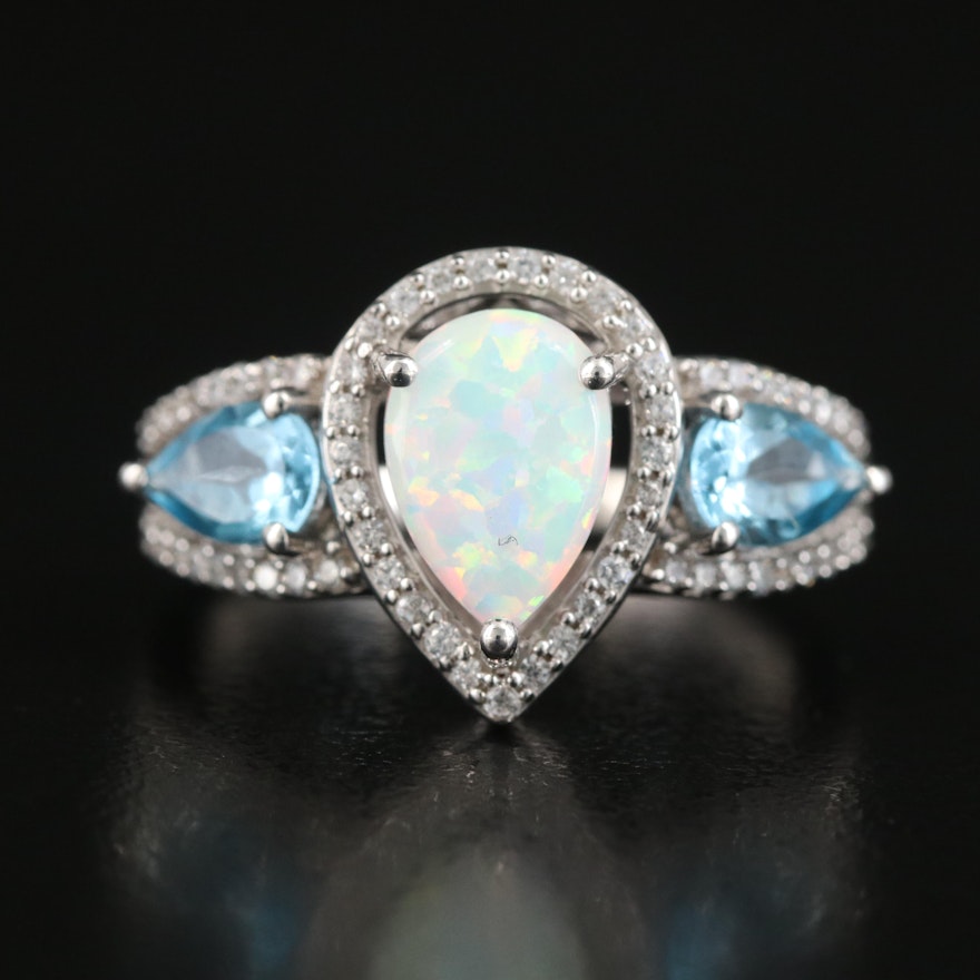 Sterling Opal, Sky Blue Topaz and Cubic Zirconia Ring