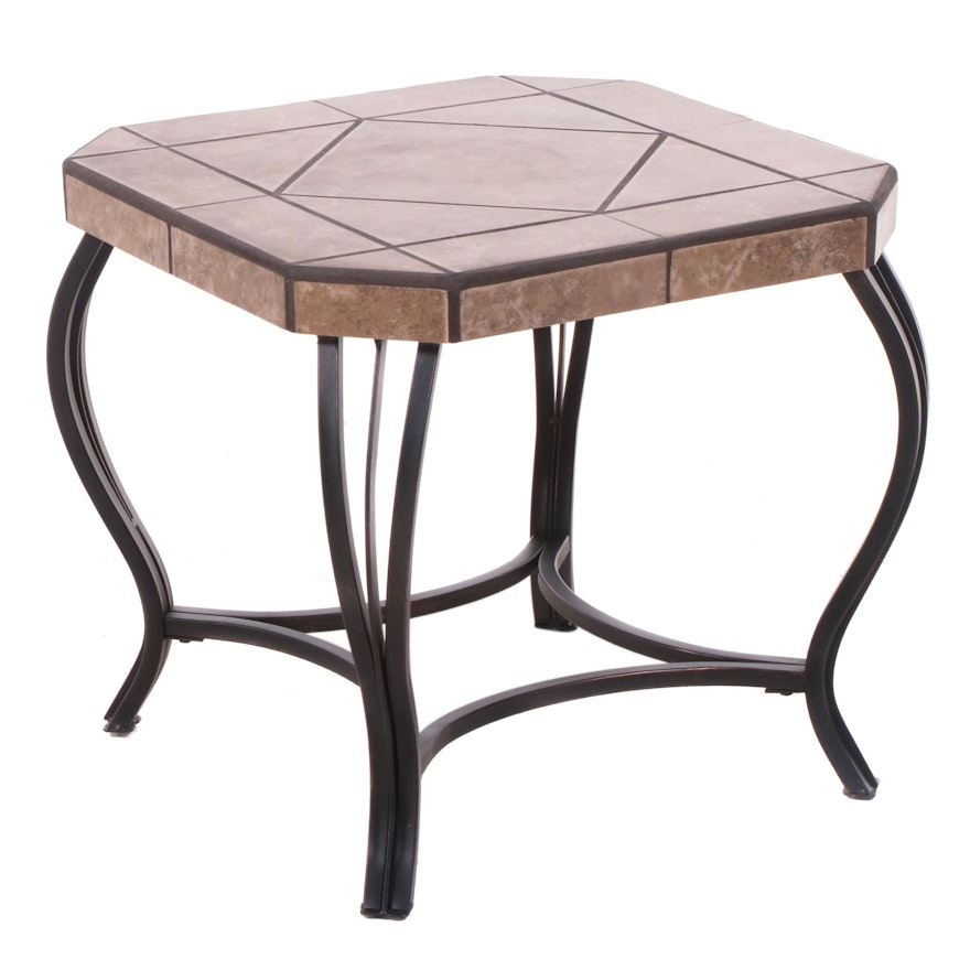 Patinated Metal and Ceramic Tile Top Patio Side Table