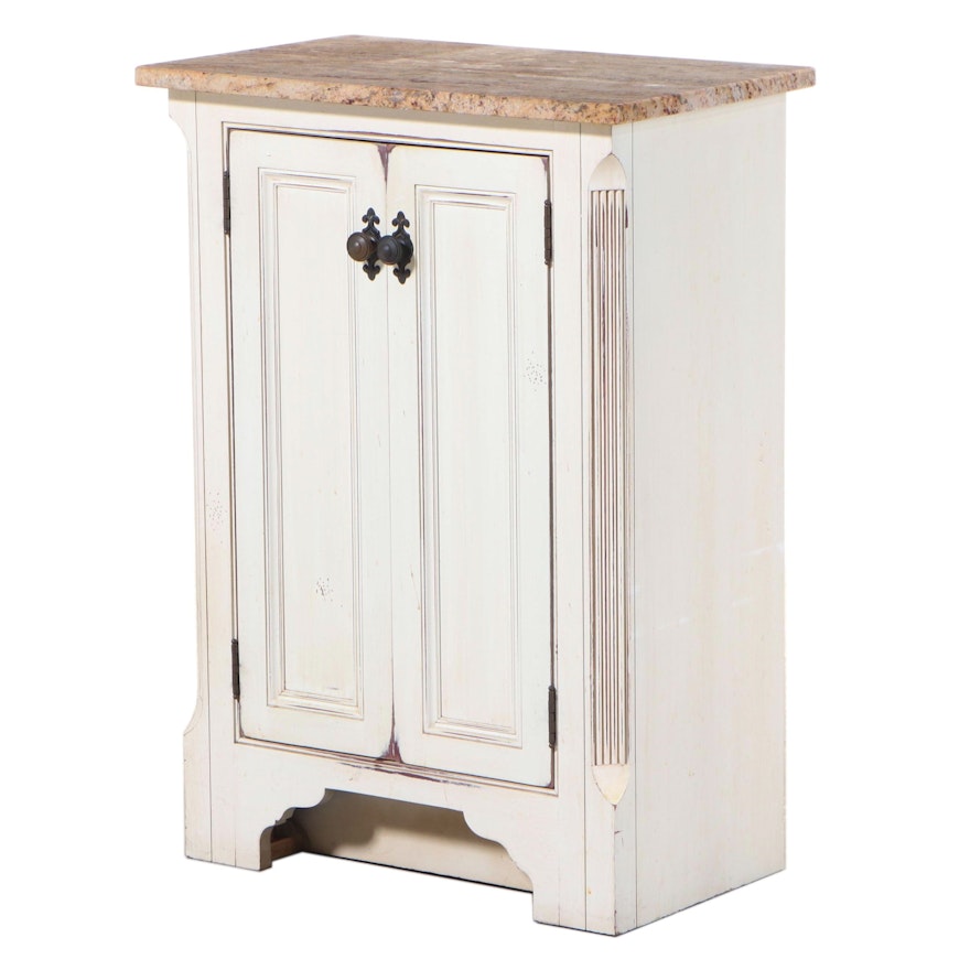 French Provincial Style Cream-Painted and Polished Stone Side Cabinet