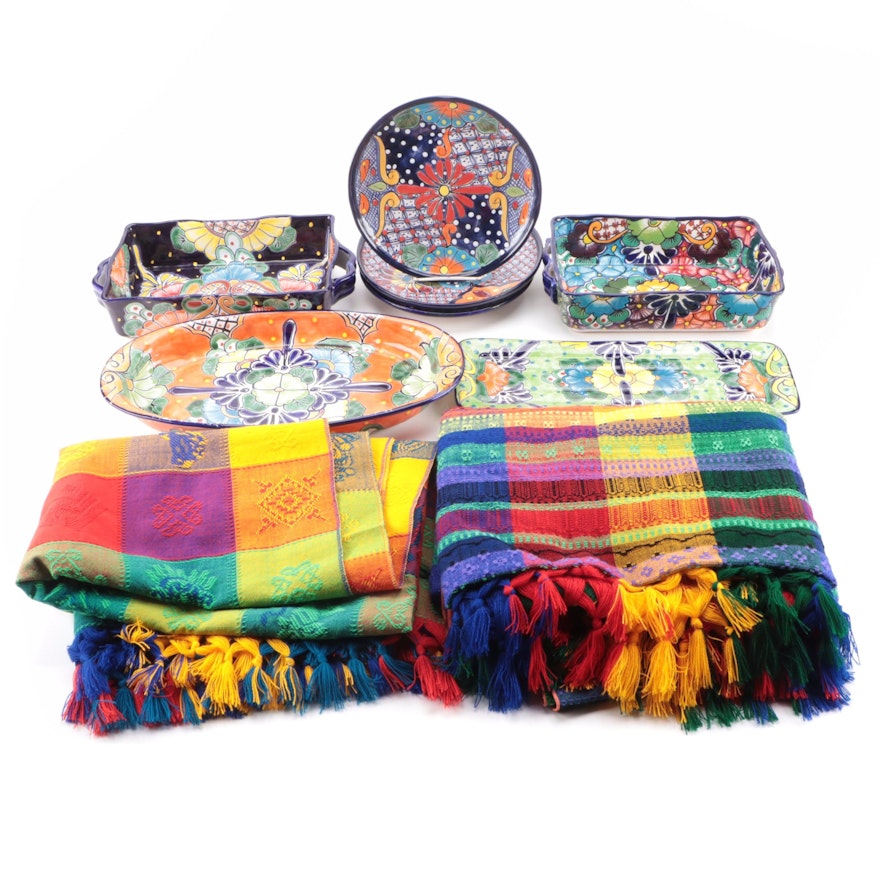 Talavera Style Platters and Other Mexican Tableware with Jacquard Tablecloths