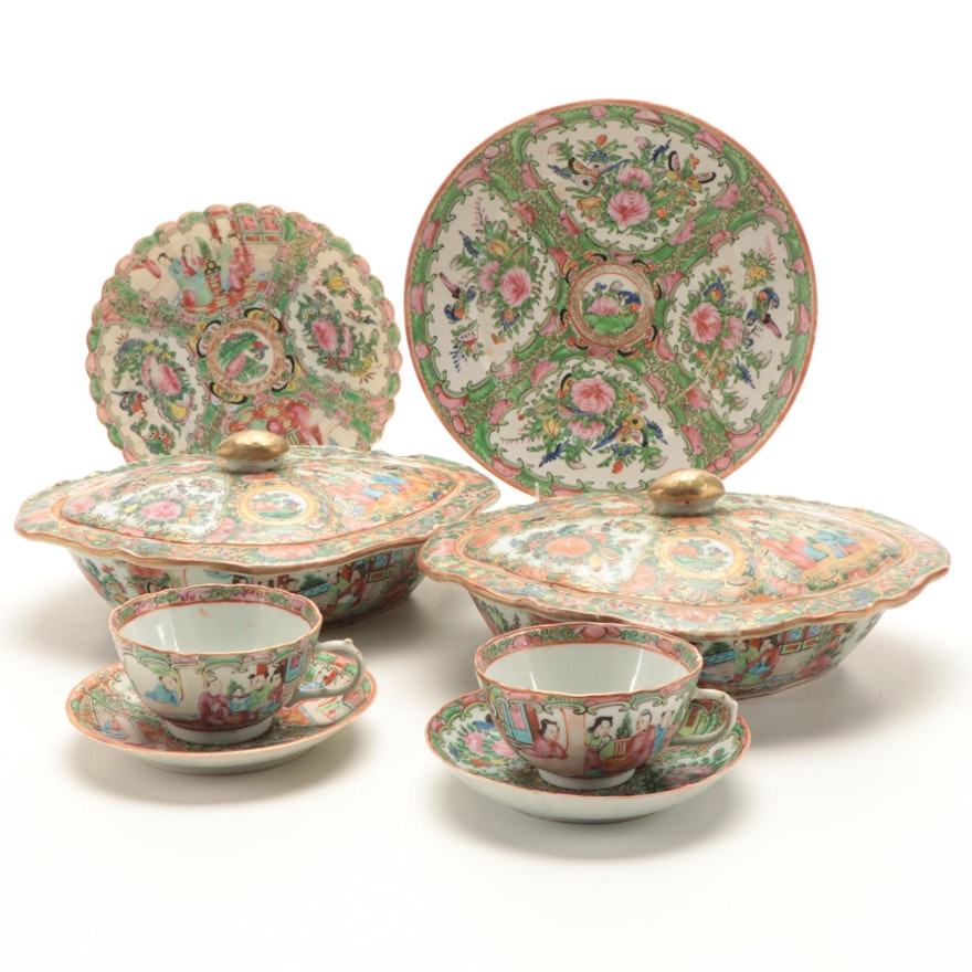 Chinese Rose Medallion Porcelain Dinnerware and Serving Dishes