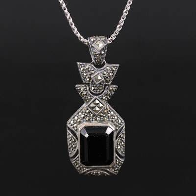 Sterling Black Onyx and Marcasite Pendant Necklace
