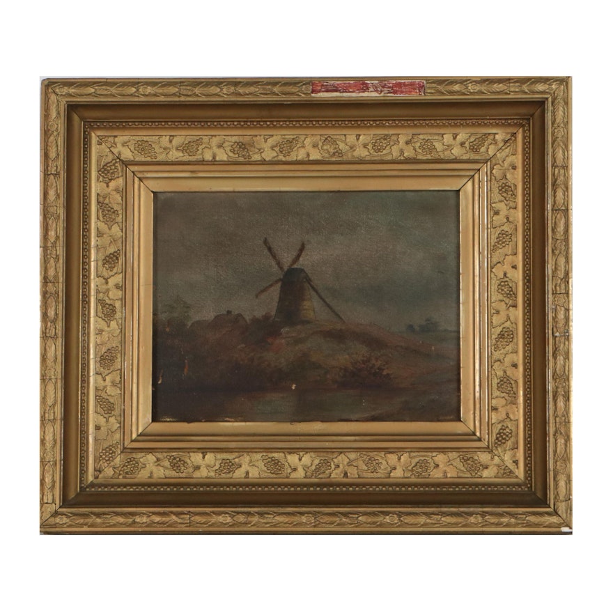 Landscape Oil Painting of Windmill, Late 18th-Early 19th Century
