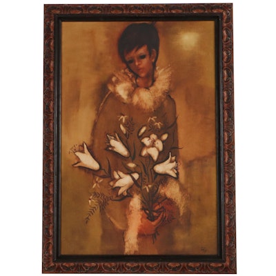 Oil Painting of Figure With Flowers, Late 20th Century