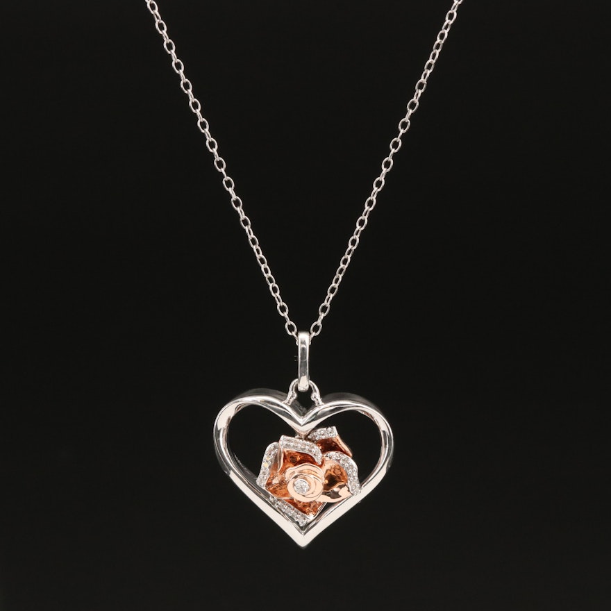 Sterling Diamond Heart Pendant Necklace with 14K Rose Gold Flower Accents