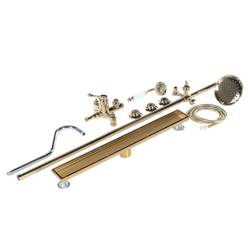 Polished Brass Exposed Pipe Shower, Hand Shower, Linear Tile-In Shower Drain