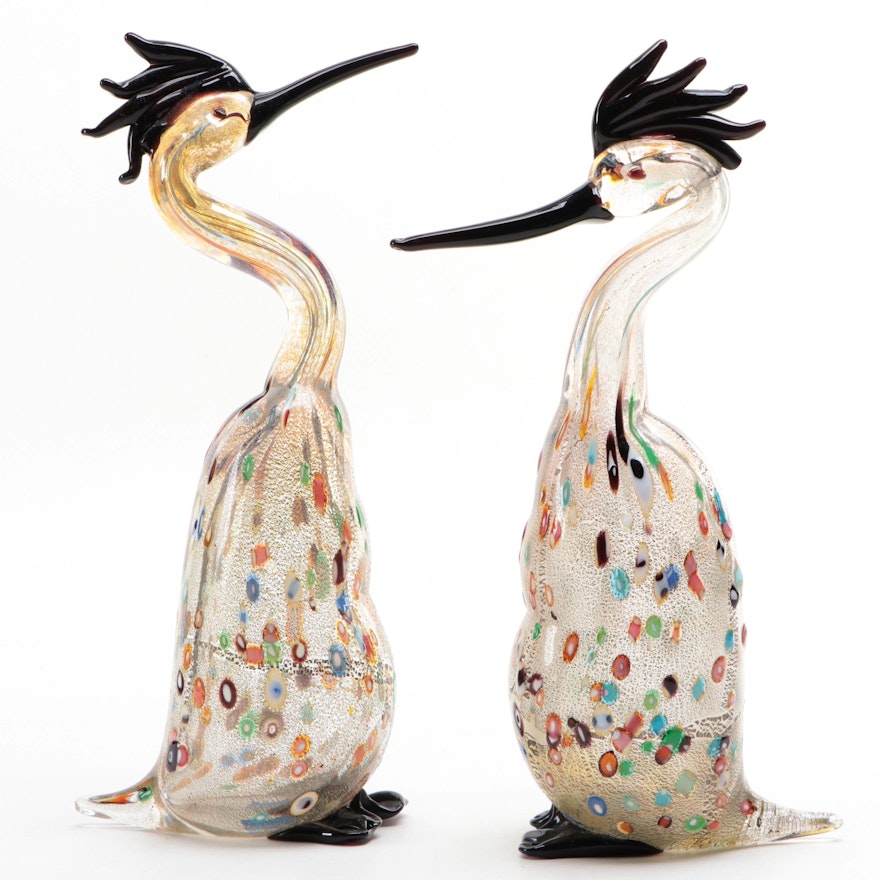 S. Puccini Murano Handblown Murrine Art Glass Bird Figurines, Late 20th Century