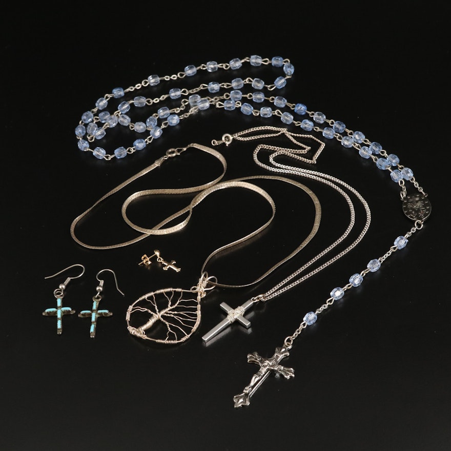 Religious Jewelry with Rosary, Tree of Life, Sterling and 14K Single Earring