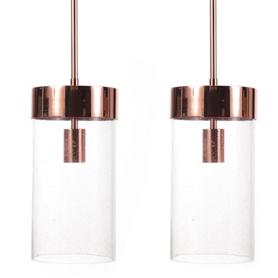 Pair of Glass and Copper Colored Metal Pendant Light Fixtures