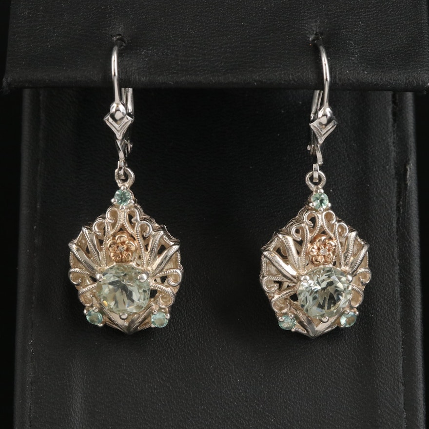 Sterling Prasiolite and Diamond Drop Earrings with 14K Rose Gold Accents