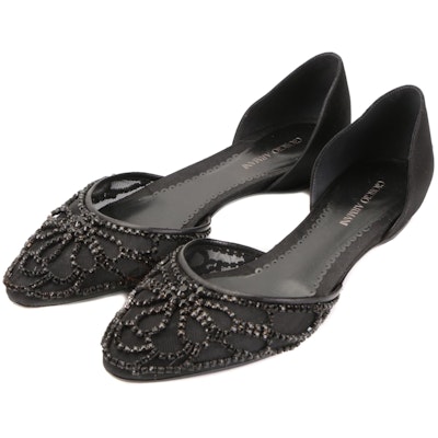 Giorgio Armani D'Orsay Flats in Embellished Mesh and Black Satin
