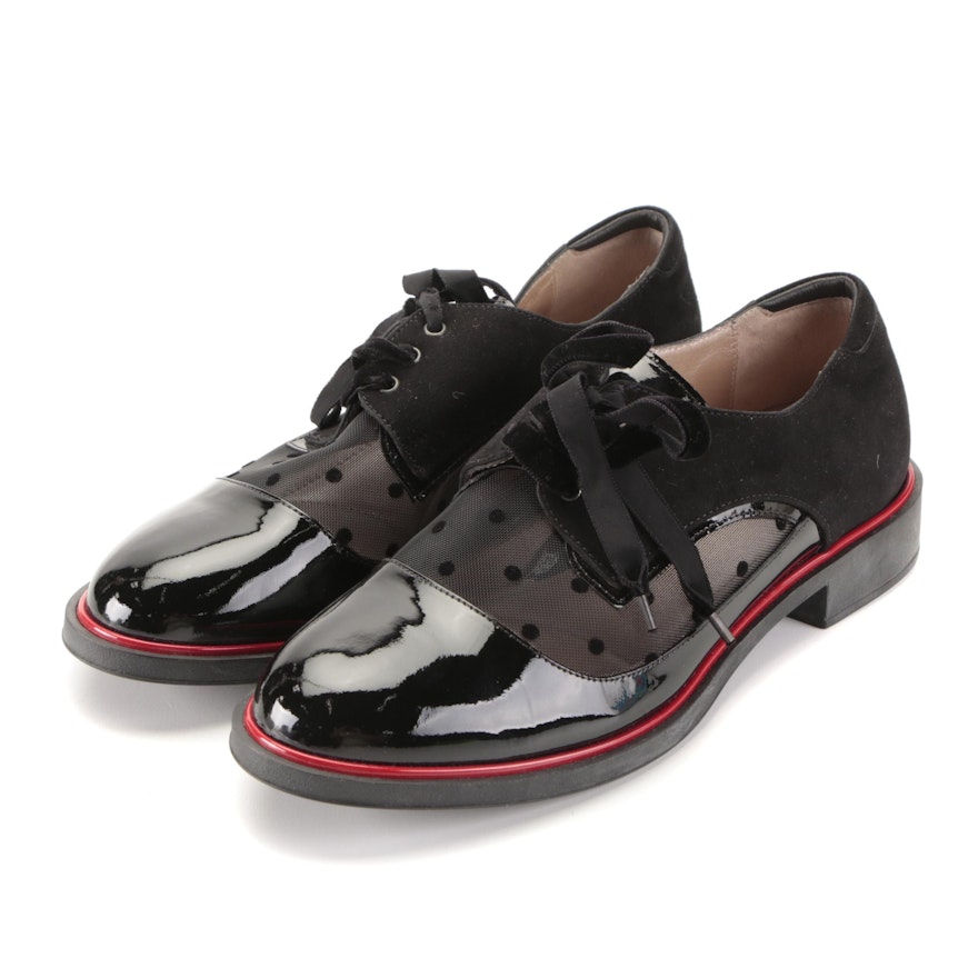 BeautiFeel Lace-Up Rubber Sole Derbys in Patent Leather and Embellished Mesh