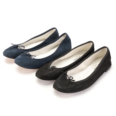 Repetto Ballerina Flats in Distressed Black Suede and Blue Nubuck with Box