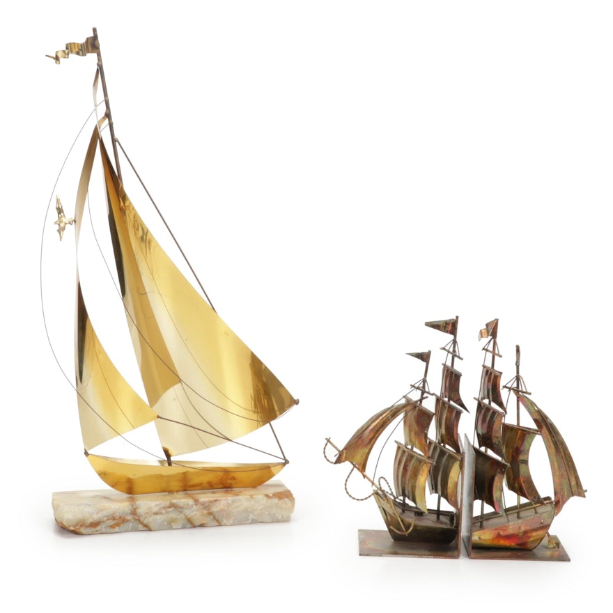 Brass Toned Metal Sailboat Figurine on Stone Base with Pair of Sailboat Bookends