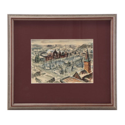 George William Watercolor Painting of Aerial Village View, Late 20th Century