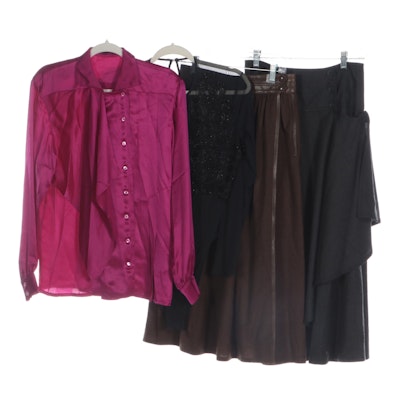 Escada Wrap Midi Skirts in Wool, Silk Blouse, and Net Bodysuit with Beading