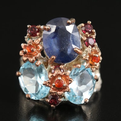 Sterling Corundum, Topaz, Garnet and Gemstone Floral Cluster Ring