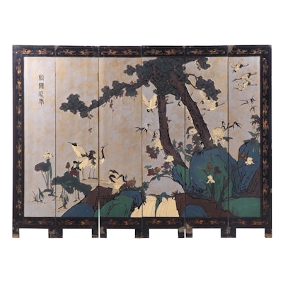 Chinese Six Panel Lacquered and Incised Carved Screen