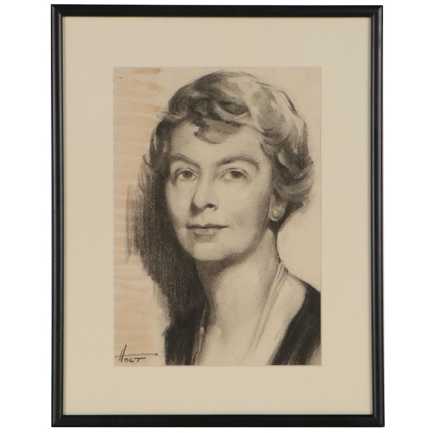 Holt Portrait Charcoal Drawing, Mid-20th Century
