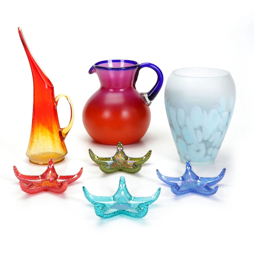 Art Glass Vases, Pitcher and Starfish Dishes