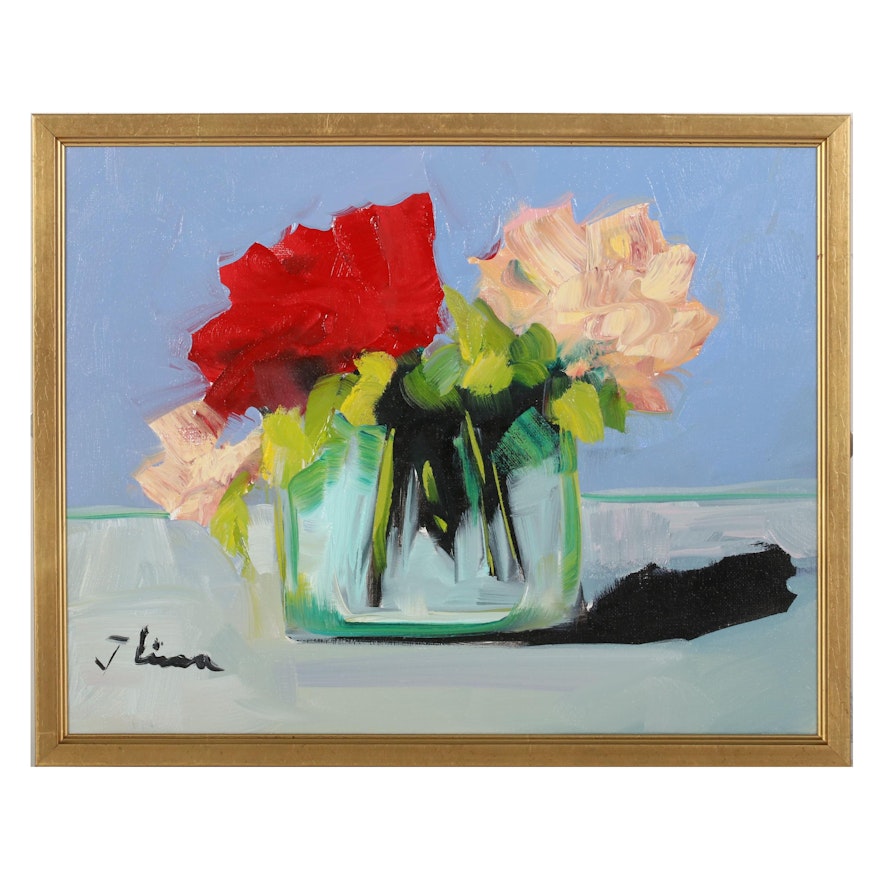 José M. Lima Still Life Oil Painting of Flowers in Glass Bowl, 2022