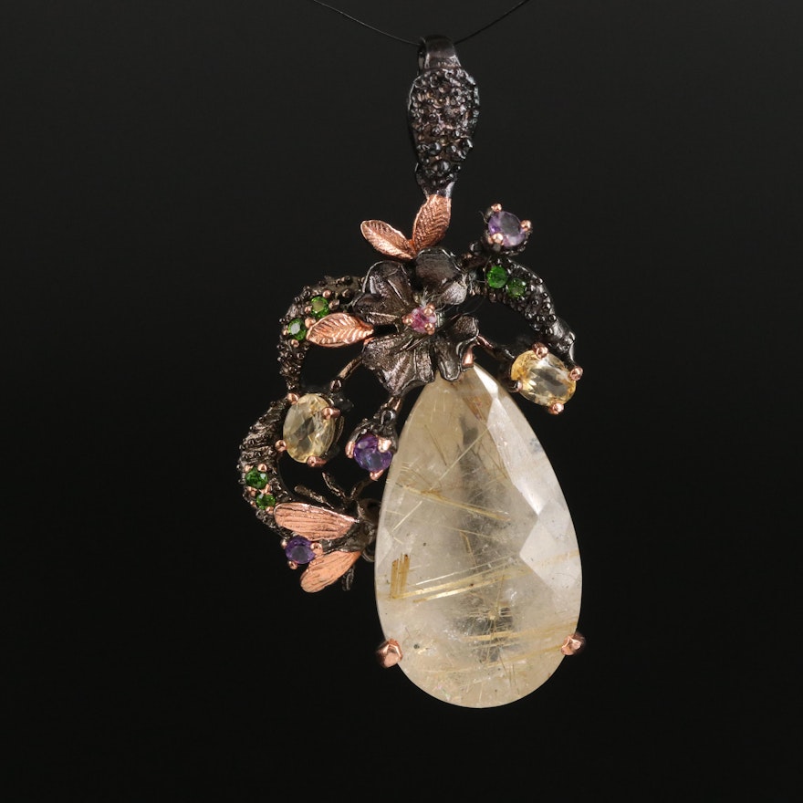Sterling Rutilated Quartz, Amethyst and Gemstone Floral Pendant