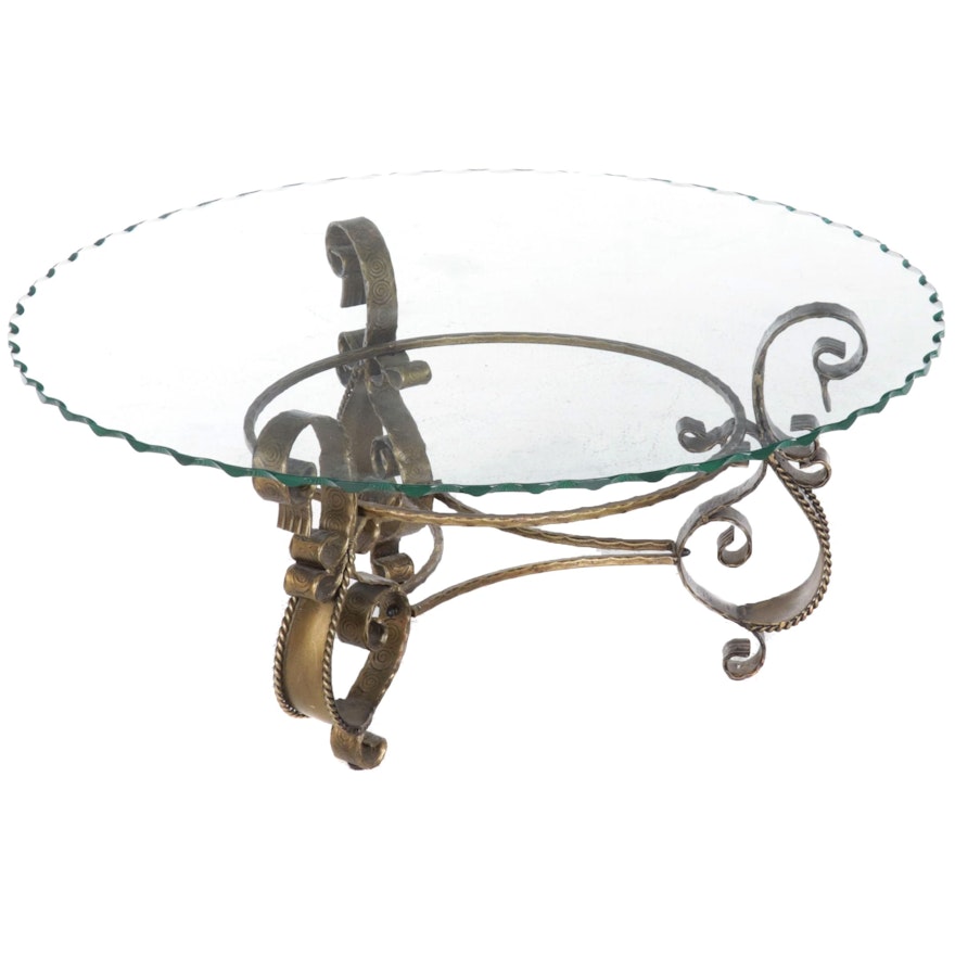 Contemporary Metal Frame Round Coffee Table with Wave Edge Glass Top