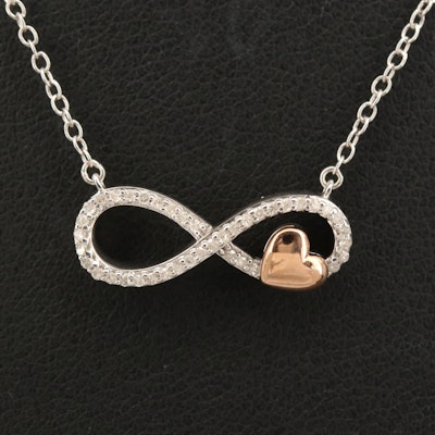 Sterling Diamond Infinity Necklace with 14K Rose Gold Heart Accent
