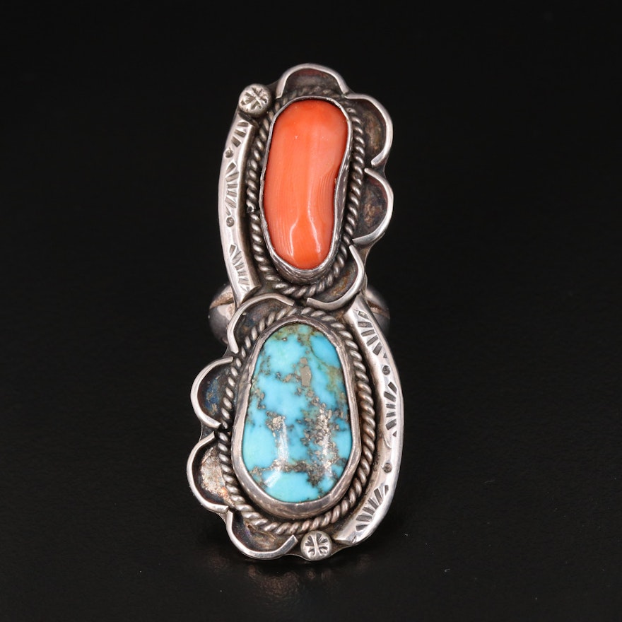 Southwestern Sterling Coral and Turquoise Ring