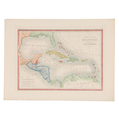 Hand-Colored Engraved Map of the Caribbean and the Gulf of Mexico, Circa 1846