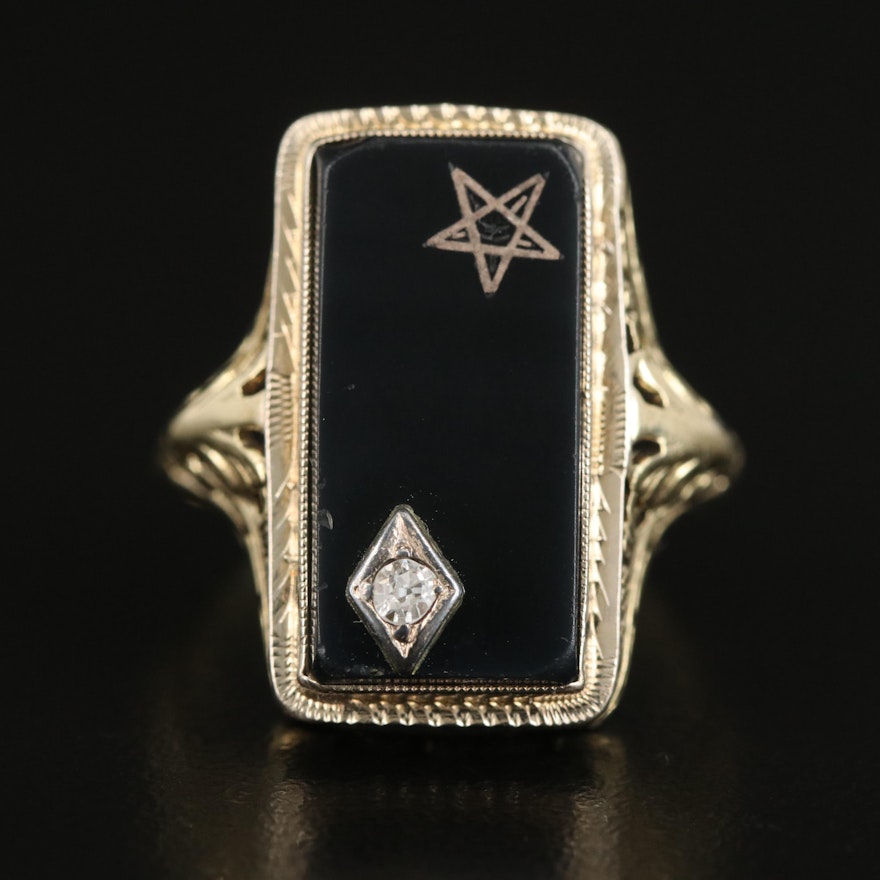 14K Black Onyx and Diamond Order of the Eastern Star Ring
