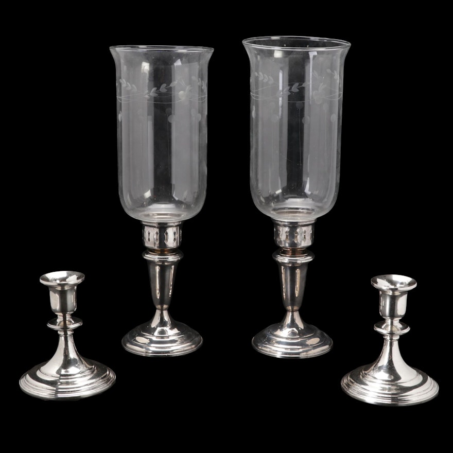 Empire Sterling Silver Candlesticks with Etched Glass Hurricanes