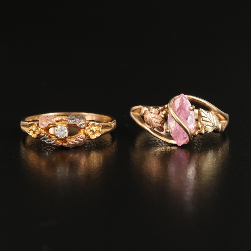 Black Hills Gold 10K Tri-Color Diamond and Cubic Zirconia Foliate Rings