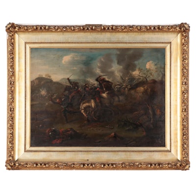 British School Oil Painting of Civil War Scene, Early 18th Century