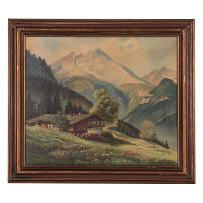 Alpine Landscape Oil Painting, 1952