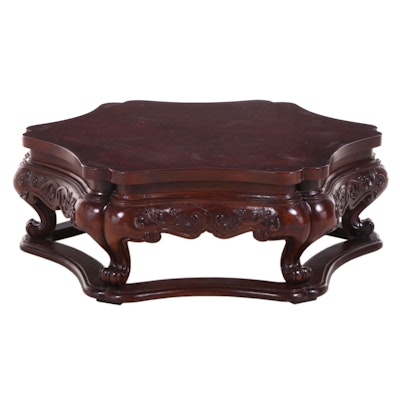 Baroque Style Carved and Burl Wood Top Coffee Table