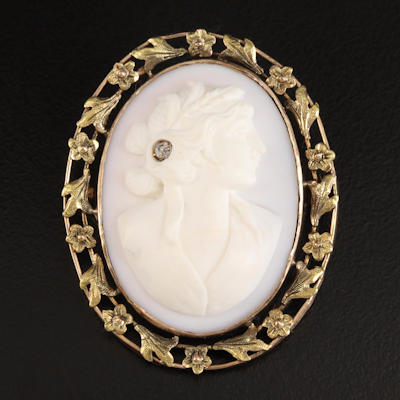 Early 1900s 10K Conch Shell and Diamond Cameo Habillé Brooch with Floral Frame