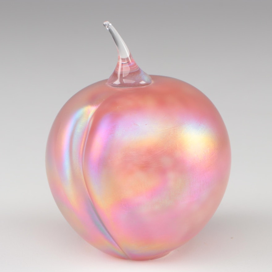 Susan Anton Carr for Intaglio Levay Iridescent Peach Art Glass Paperweight