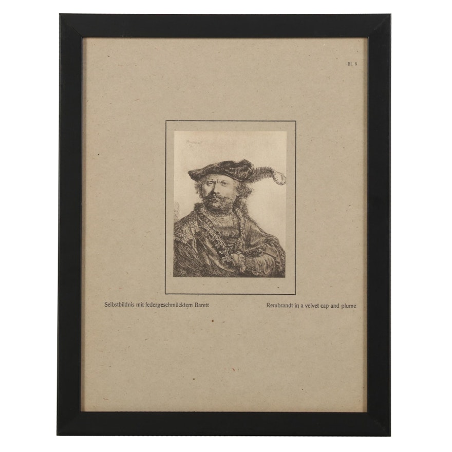 Etching After Rembrandt of Self-Portrait in Plumed Cap, Circa 1920