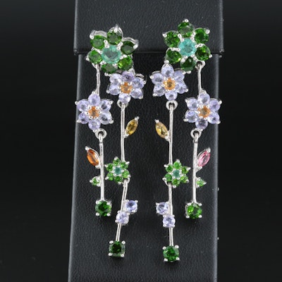 Sterling Diopside, Tanzanite and Sapphire Flower Earrings