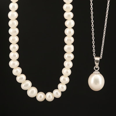 Graduated Pearl Necklace with 14K Clasp with Sterling Pearl Pendant Necklace