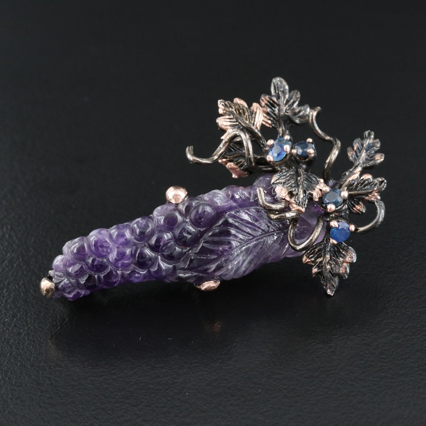 Sterling Sapphire and Carved Amethyst Grape Cluster Brooch