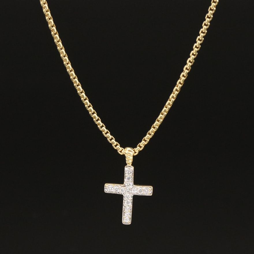 David Yurman 18K 0.22 CTW Diamond Cross Pendant Necklace
