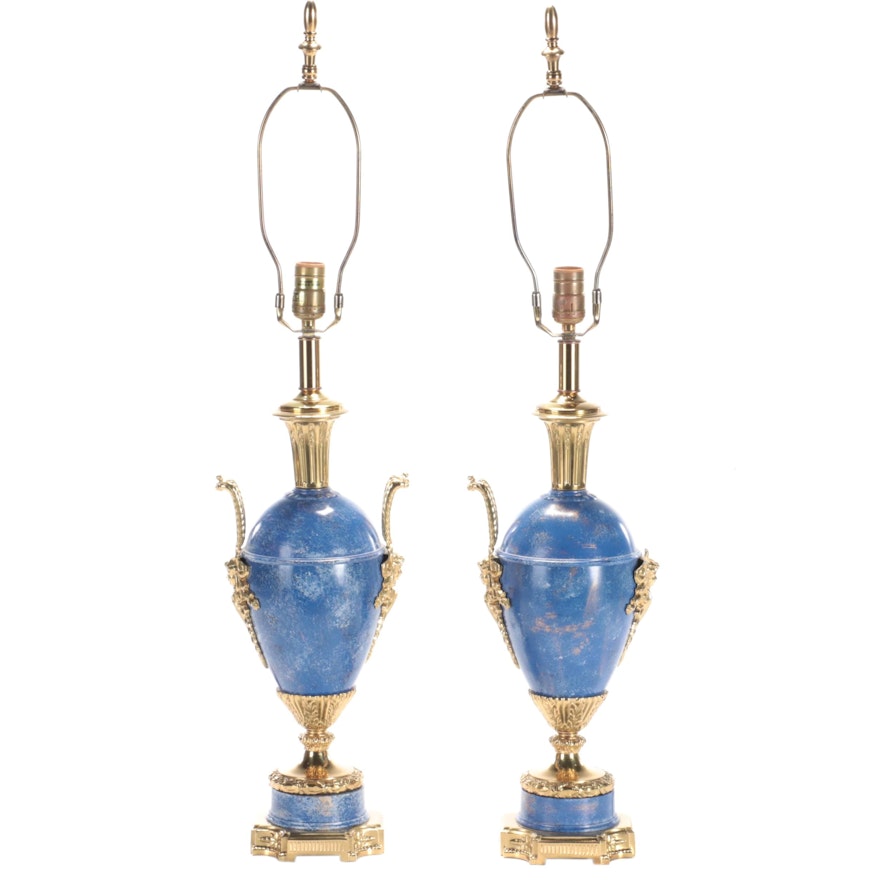 Neoclassical Style Blue Faux Stone Finish Ormolu Mount Table Lamps